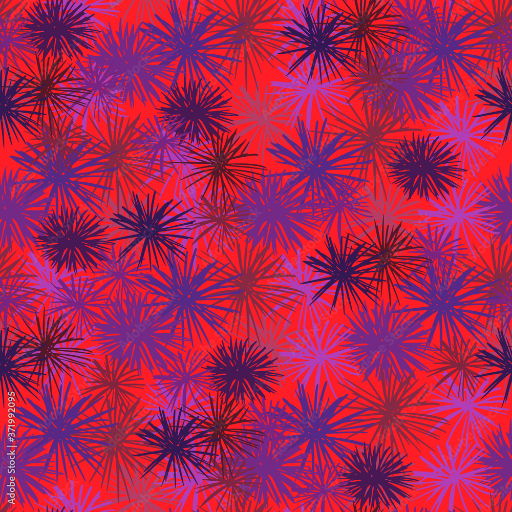 Seamless random ocean pattern with sea urchin ornament. Purple elements on red background. Exotic beach backdrop.