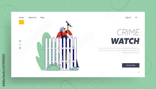Angry Neighbor Landing Page Template. Senior Male Character in Panama Hat with Rake Stand at Fence with Sullen Face