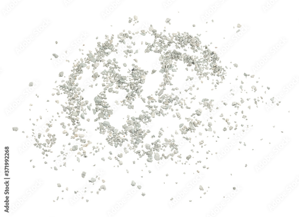 Fototapeta premium Gray small rocks ground texture isolated white background. black small road stone. gravel pebbles stone seamless texture. dark background of crushed granite gravel, close up. clumping clay