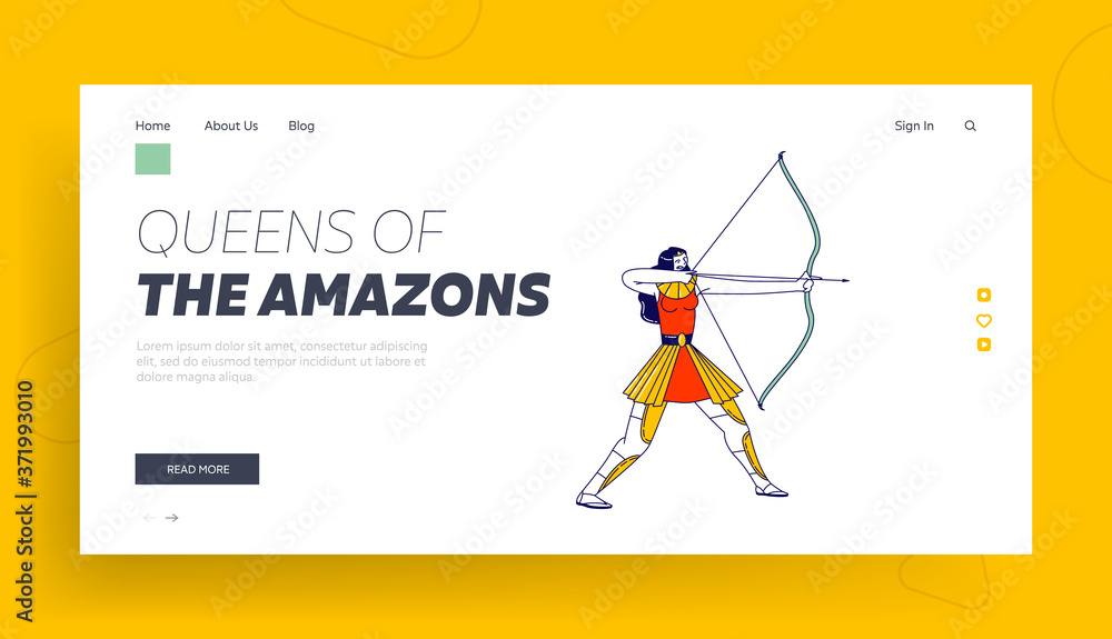 Amazon Female Character Shooting Bow Landing Page Template. Greek Mythological Personage, Pretty Woman Archer Warrior