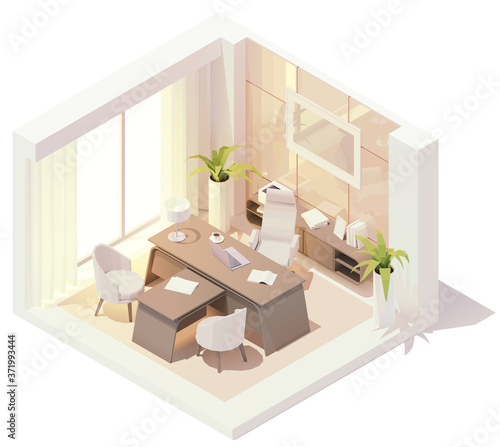 Vector isometric CEO or boss office interior. White modern desk with laptop and lamp, cabinet, armchairs, other office equipment and furniture