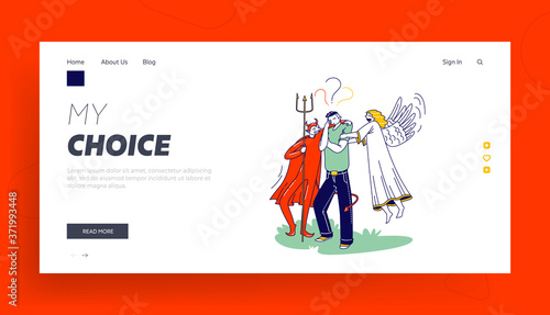 Man Having Moral Dilemma Landing Page Template. Male Character with Angel and Devil Behind of his Shoulders, Decision