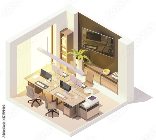 Vector isometric office room interior. Wooden desk with desktop computer monitors, cabinets, office chairs, office equipment, furniture and stationery