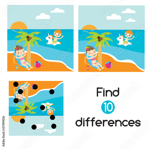 Summer holidays scene. Find the differences educational children game. Kids activity fun page