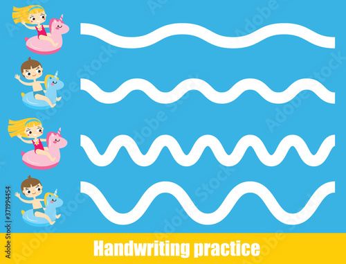 Handwriting practice sheet. Educational children game. Tracing lines for kids and toddlers summertime theme