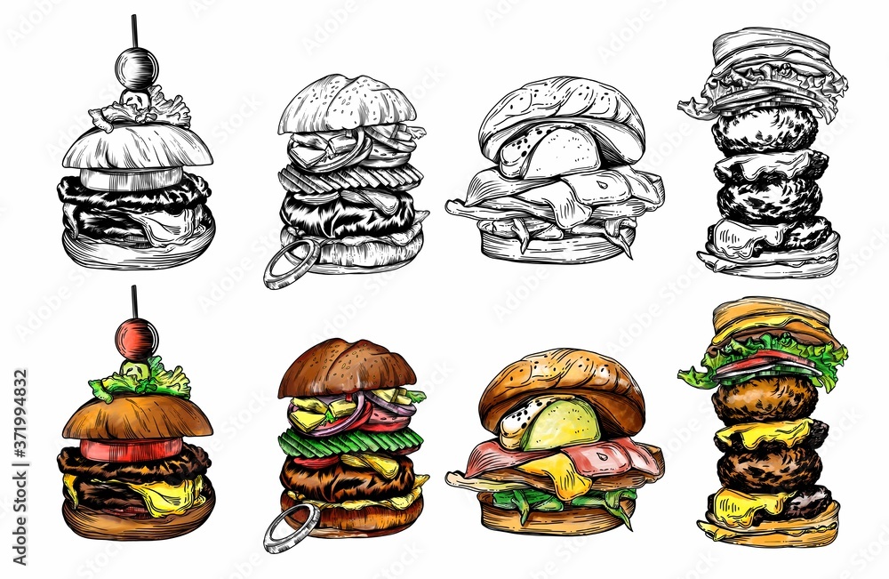 Illustration of different burgers. with detailed drawing in the style of the sketch. Color and black-and-white burgers.