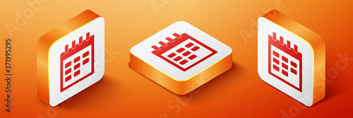 Isometric Calendar icon isolated on orange background. Orange square button. Vector.