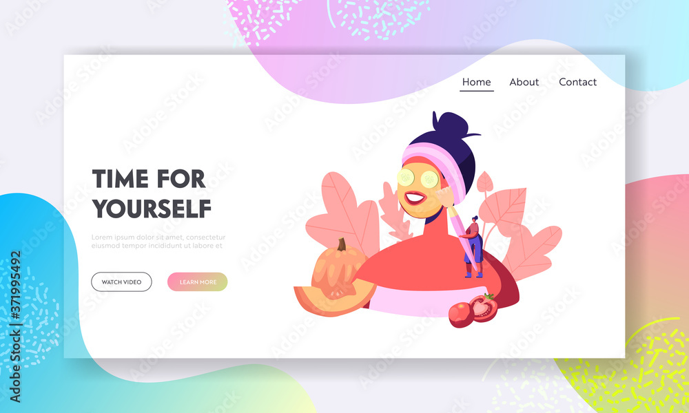 Natural Beauty, Cosmetology Landing Page Template. Tiny Female Character Put Facial Mask on Huge Woman Face, Skin Care