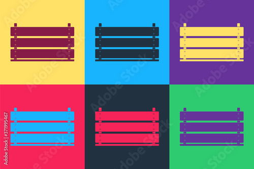 Pop art Wooden box icon isolated on color background. Grocery basket, storehouse crate. Empty wooden container for vegetables, products. Vector.
