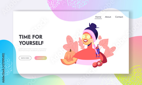 Natural Beauty, Cosmetology Landing Page Template. Tiny Female Character Put Facial Mask on Huge Woman Face, Skin Care