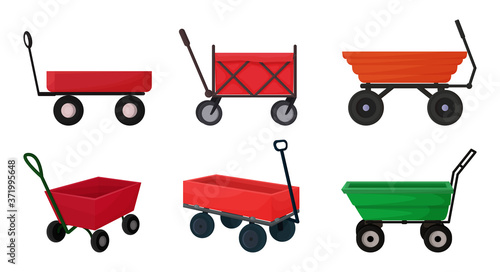Vector illustration with a cart for the garden in a cartoon style. A set of 6 different cars in red, yellow, green,.for gardening, harvesting, planting seedlings