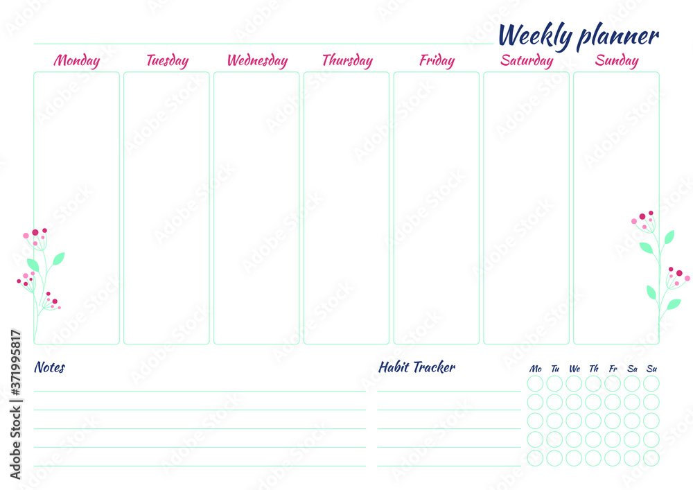 Vector white weekly planner with floral design Vector white weekly planner with floral design