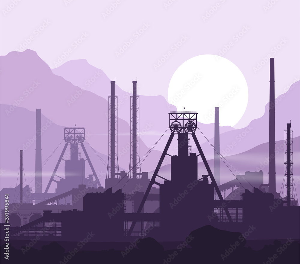 Mineral fertilizers plant over violet great mountain range at sunset. Detail vector illustration of large mine and chemical manufacturing plant. - obrazy, fototapety, plakaty 