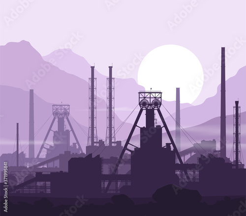 Mineral fertilizers plant over violet great mountain range at sunset. Detail vector illustration of large mine and chemical manufacturing plant.