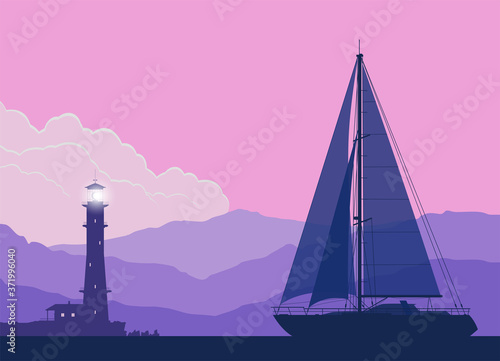 Sailing yacht at sunset. Landscape with luxury yacht and huge lighthouse on the mountain background. Vector illustration.