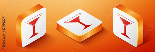 Isometric Martini glass icon isolated on orange background. Cocktail icon. Wine glass icon. Orange square button. Vector.