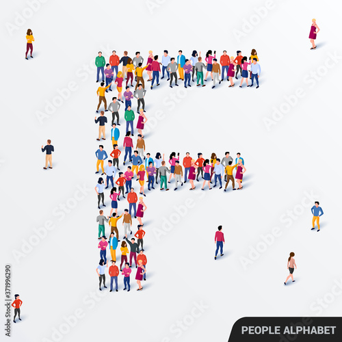 Large group of people in letter F form. Human alphabet.