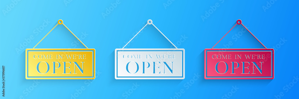 Paper cut Hanging sign with text Come in we're open icon isolated on blue background. Business theme for cafe or restaurant. Paper art style. Vector. Paper cut Hanging sign with text Come in we're open icon isolated on blue background. Business theme for cafe or restaurant. Paper art style. Vector.