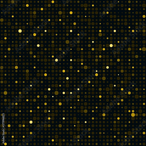 trendy random golden polka dot on black background seamless pattern for celebration card, wallpaper, texture, banner, label, cover etc. of Christmas or any holiday. vector design. 