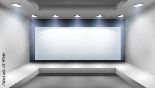 Projection screen in art gallery. Show on the stage. Free space for advertising. Abstract background. Vector illustration.
