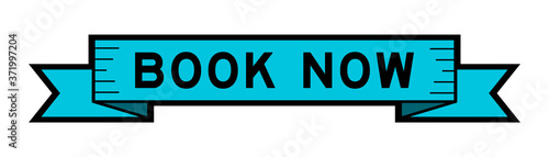 Vintage blue color label banner with word book now on white background