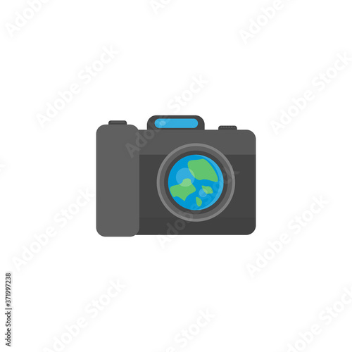 This is a camera on a white background. Cartoon illustration in flat style.