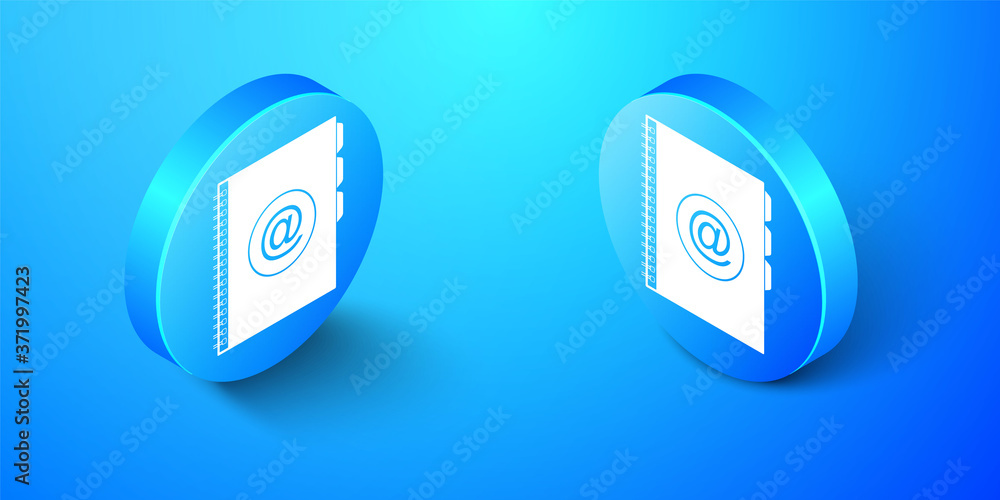 Isometric Address book icon isolated on blue background. Notebook, address, contact, directory, phone, telephone book icon. Blue circle button. Vector. Isometric Address book icon isolated on blue background. Notebook, address, contact, directory, phone, telephone book icon. Blue circle button. Vector.