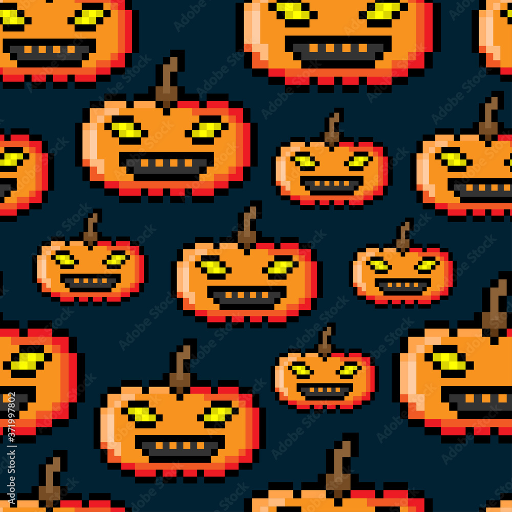 Pixel halloween pumpkins isolated on dark blue background. Cute festive seamless pattern. Front view. Vector flat graphic illustration. Texture. Pixel halloween pumpkins isolated on dark blue background. Cute festive seamless pattern. Front view. Vector flat graphic illustration. Texture.