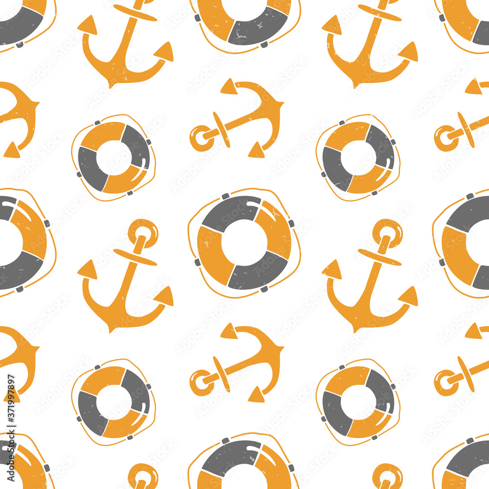 Sea seamless pattern. Cute anchor and lifebuoy on a white background. Vector shabby hand drawn illustration Sea seamless pattern. Cute anchor and lifebuoy on a white background. Vector shabby hand drawn illustration