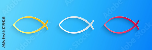 Paper cut Christian fish symbol icon isolated on blue background. Jesus fish symbol. Paper art style. Vector.