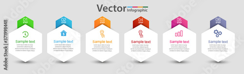Vector infographic template with 6 options, workflow, process chart. Can be used for workflow layout, diagram, annual report, web design, steps or processes 