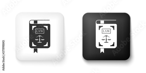 Black and white Law book statute book with scales of justice icon isolated on white background. Square button. Vector.
