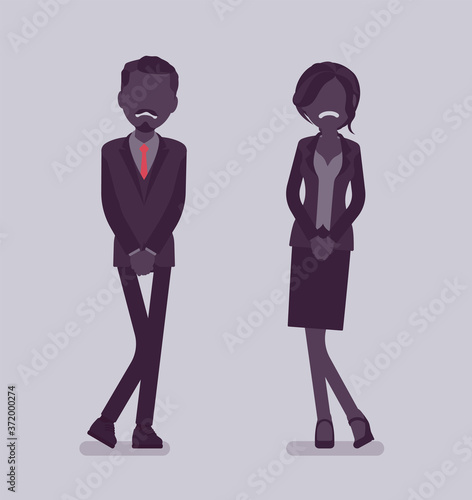 Man, woman wanting to pee, feeling discomfort. People suffering with constant urge, urinary tract infection, overactive bladder, health disorder, needing a wc. Vector creative stylized illustration