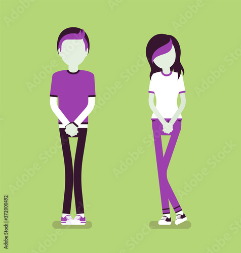Teenager boy and girl wanting to pee, feeling discomfort. Young people suffering with constant urge, urinary tract infection, health disorder, needing a wc. Vector creative stylized illustration