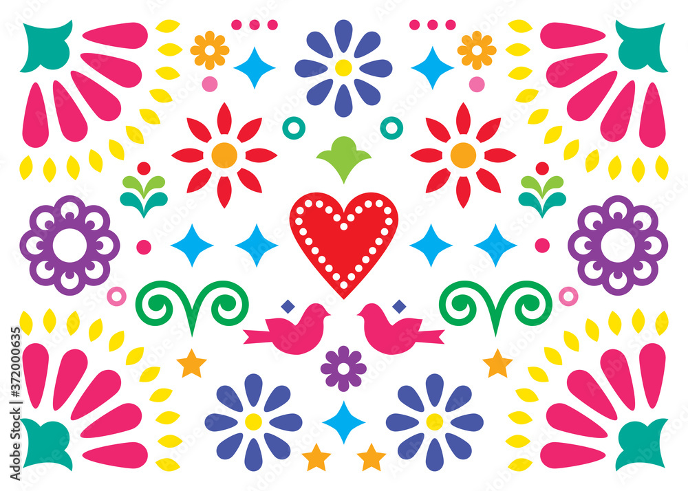 Mexican happy folk art vector greeting card or party invitation design, colorful pattern with flowers and birds inspired by traditional ornaments from Mexico
 