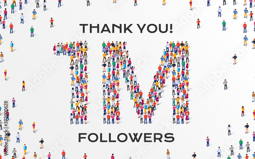 1M Followers. Group of business people are gathered together in the shape of one million sign, for web page, banner, presentation, social media, Crowd of little people. Teamwork. Vector illustration photo