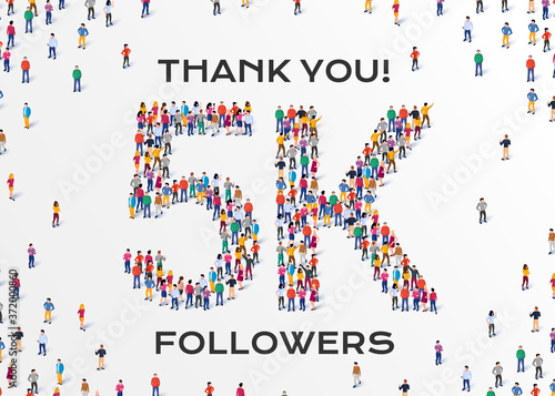 5K Followers. Group of business people are gathered together in the shape of 5000 word, for web page, banner, presentation, social media, Crowd of little people. Teamwork. Vector illustration