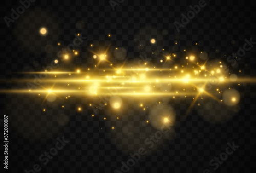 Beautiful bright horizontal flare. Golden glare on a transparent background. Light stripes on a dark background. Yellow rays.	
