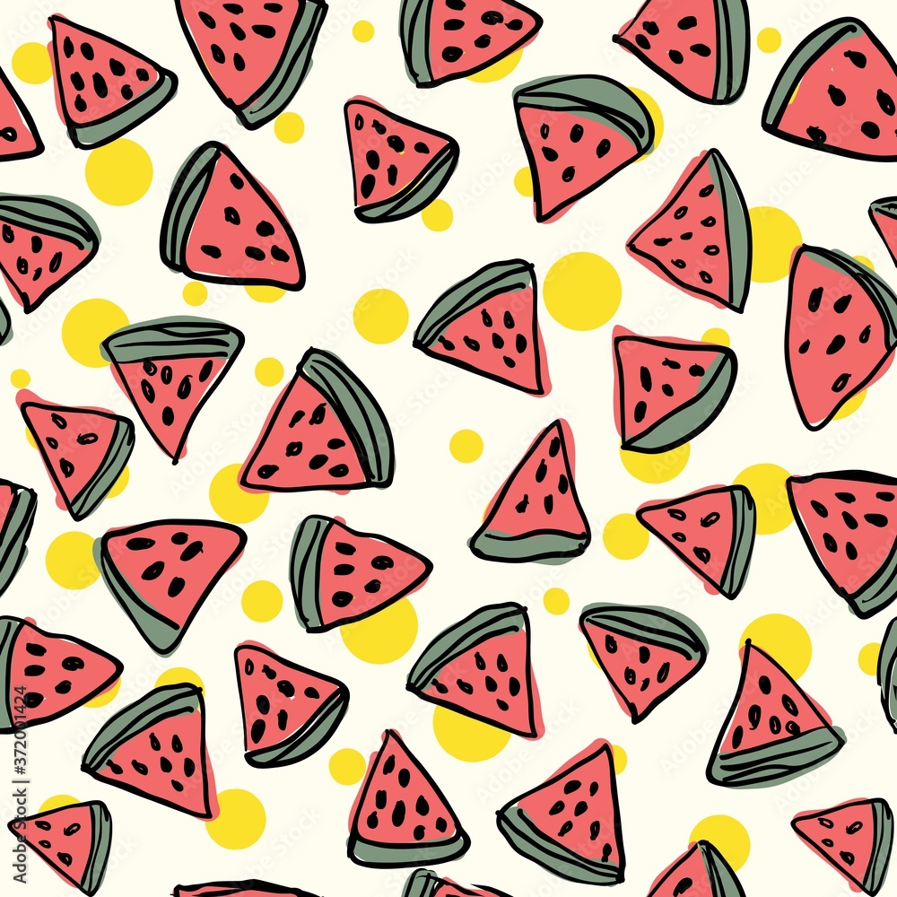 colorful childish hand drawn watermelon seamless pattern for background, card, wrapping paper, wallpaper, texture, banner, label etc. vector design