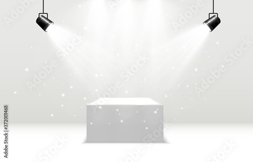 White podium or platform with spotlights. A pedestal for rewarding the winners.	
