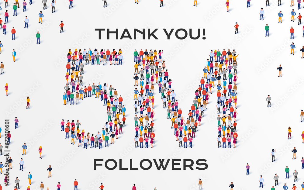5M Followers. Group of business people are gathered together in the shape of five million sign, for web page, banner, presentation, social media, Crowd of little people. Teamwork. Vector illustration 5M Followers. Group of business people are gathered together in the shape of five million sign, for web page, banner, presentation, social media, Crowd of little people. Teamwork. Vector illustration