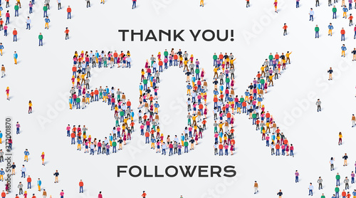 50K Followers. Group of business people are gathered together in the shape of 50000 word, for web page, banner, presentation, social media, Crowd of little people. Teamwork. Vector illustration