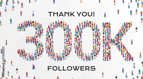 300K Followers. Group of business people are gathered together in the shape of 300000 word, for web page, banner, presentation, social media, Crowd of little people. Teamwork. Vector illustration