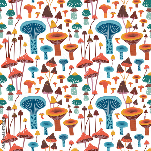 Flat Hand Drawn Forest Mushrooms Seamless Pattern