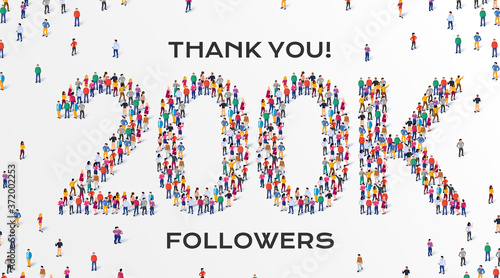 200K Followers. Group of business people are gathered together in the shape of 200000 word, for web page, banner, presentation, social media, Crowd of little people. Teamwork. Vector illustration