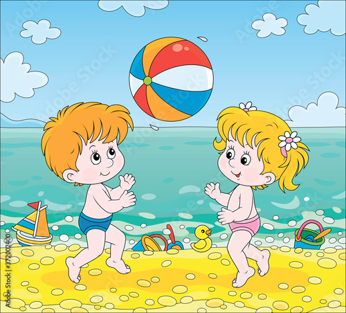Happy little kids playing a colorful ball near water on a sea beach on a sunny summer day, vector cartoon illustration
