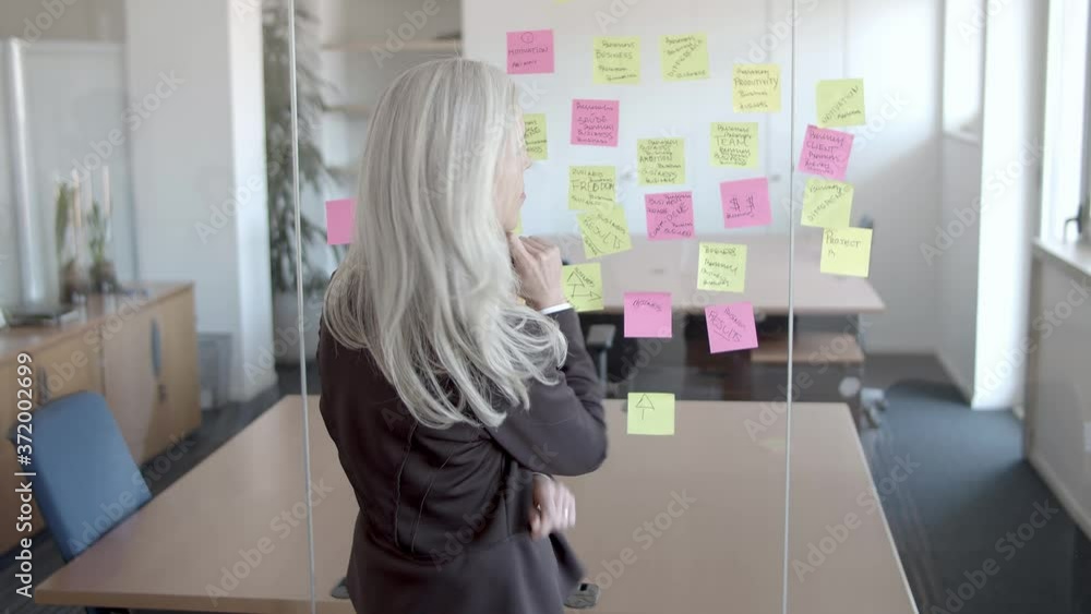 Female business professional planning tasks, writing on sticky memos on glass board in office, preparing for presentation. Medium shot, back view. Project management and business strategy concept Female business professional planning tasks, writing on sticky memos on glass board in office, preparing for presentation. Medium shot, back view. Project management and business strategy concept