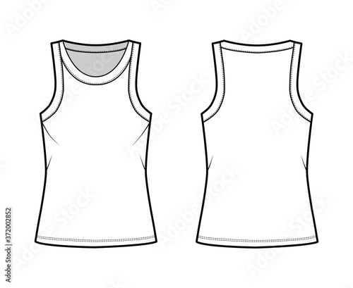 Cotton-jersey tank technical fashion illustration with relaxed fit, wide scoop neckline, sleeveless. Flat outwear cami apparel template front, back white color. Women men unisex shirt top CAD mockup
