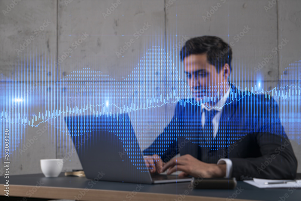 Businessman in office working with laptop technology forex online trading graph and chart, typing computer assemble data drawing concept. Double exposure. Businessman in office working with laptop technology forex online trading graph and chart, typing computer assemble data drawing concept. Double exposure.