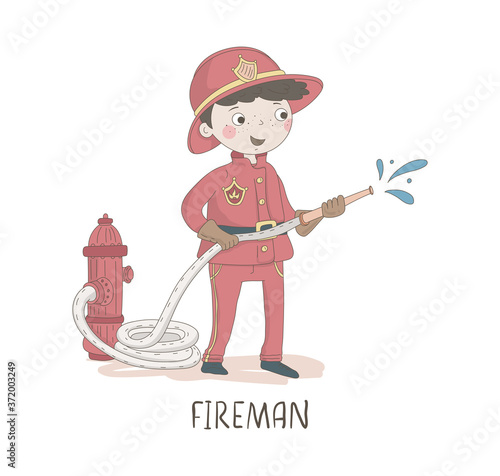 Cartoon illustration of a firefighter. Kids workers. Child professional